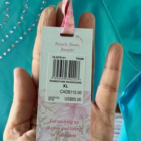 LoveShackFancy x Hurley Rhinestone heart Rashguard Top Turquoise Waves XL NWT - Picture 15 of 16